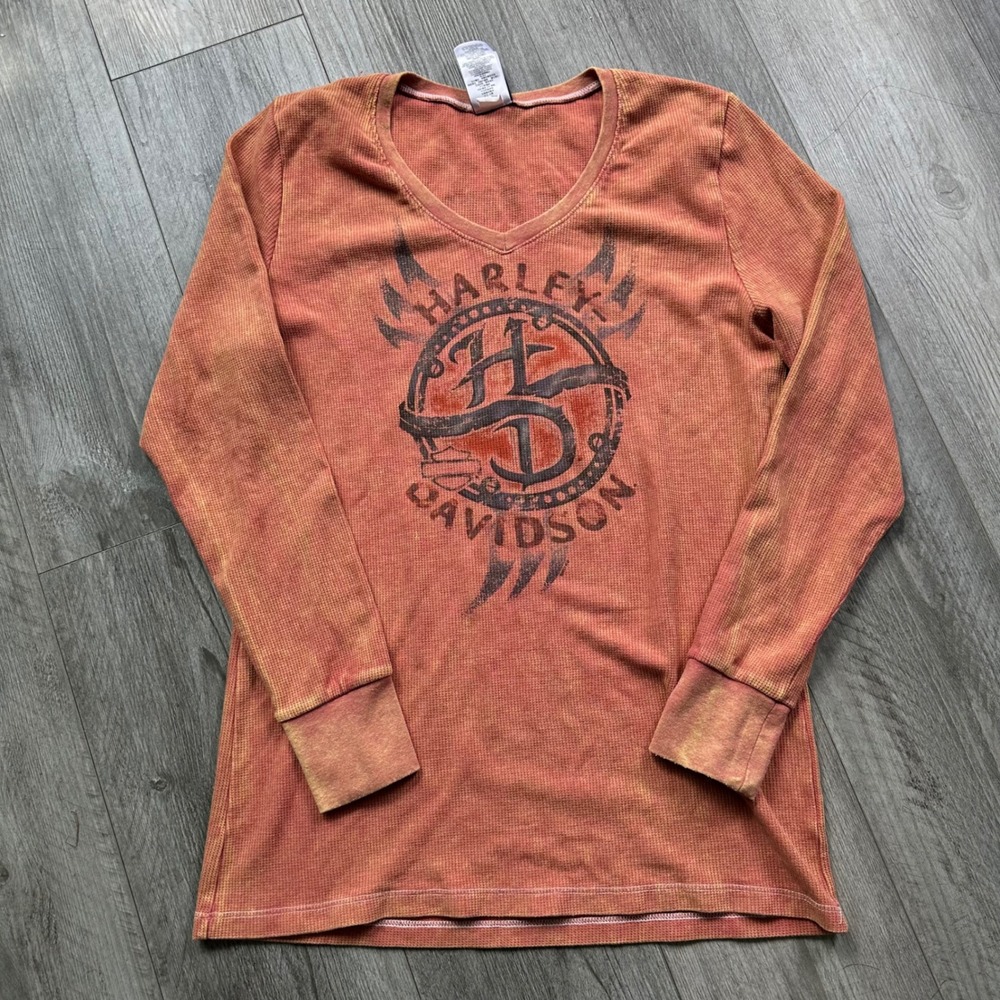 Harley-Davidson Long Sleeve Thermal Shirt Womens MN Size L Orange grunge y2k